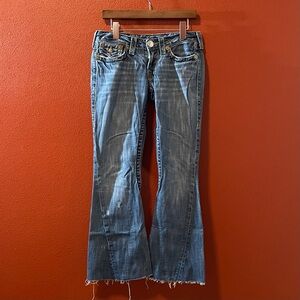 True Religion Women’s The Joey Big T Blue Cotton Low Rise Flare Raw Hem Jeans‎